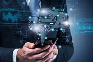 Man with smartphone, AI brain interface