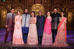 Ambani Family (L to R) Akash Ambani, Mrs. Shloka Ambani, Mr. Anant Ambani, Mrs. Radhika Ambani, Mr. Mukesh Ambani, Mrs. Nita Ambani, Mr. Anand Piramal, Mrs. Isha Ambani