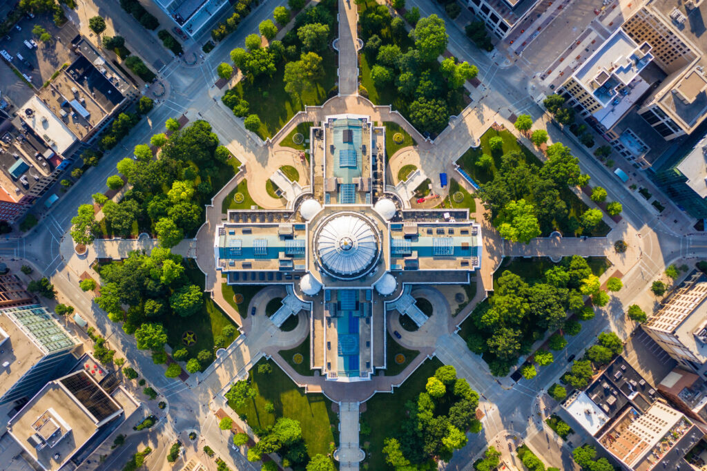 Top down view of Capitol Building and park in Madison Wisconsin