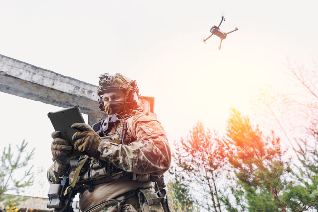 Military,Soldier,Controls,Drone,For,Reconnaissance,Operation,Of,Enemy,Positions.